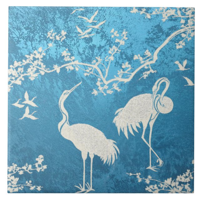 Elegant Cranes Art Pattern | Colourful Crane Birds Ceramic Tile (Front)