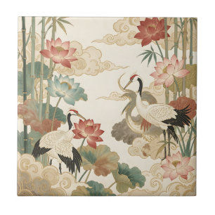 Elegant Cranes Lotus Bamboo Oriental Scene Ceramic Tile