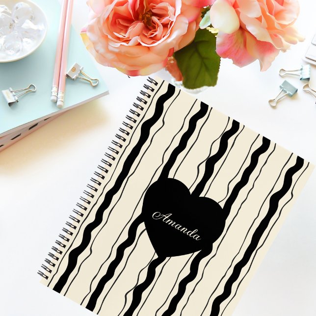 Elegant Cream and Black Stripes Heart Custom Name Planner (Creator Uploaded)