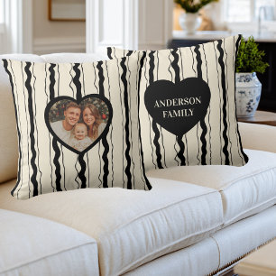 Elegant Cream and Black Stripes Heart Custom Photo Cushion