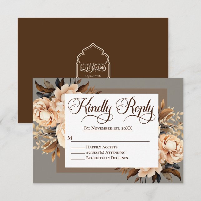 Elegant Cream and Brown Floral Islamic Wedding RSVP Card (Front/Back)