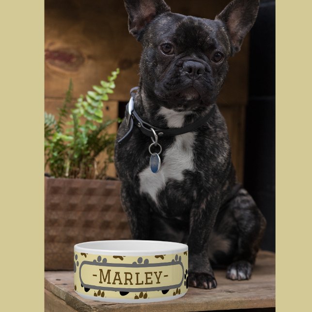 Elegant Cream and Brown Personalized Dog Paw Print (Elegant Dog pet paws cream customized pet bowl)