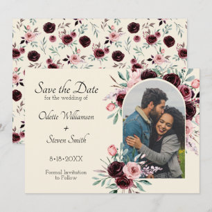Elegant Cream and Burgundy Floral  Photo Wedding Save The Date