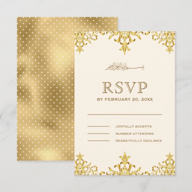 Elegant Cream and Gold Foil Damask Islamic Wedding RSVP Card (Front/Back)