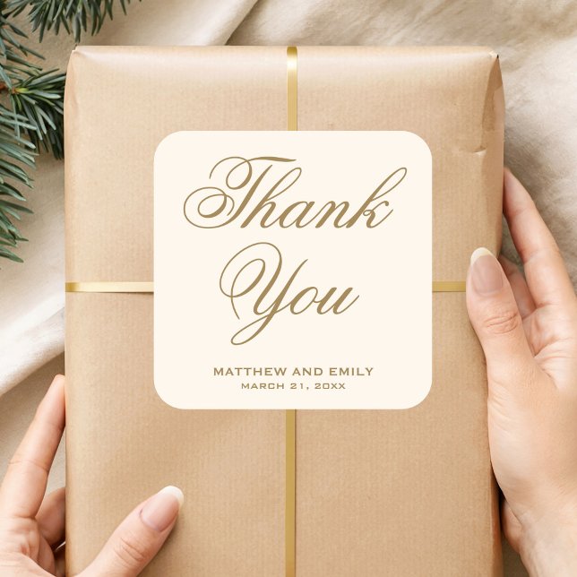 Elegant Cream and Gold Thank You Wedding Favour Square Sticker (Creator Uploaded)