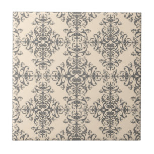 Elegant Cream and Grey Damask Style Pattern Ceramic Tile