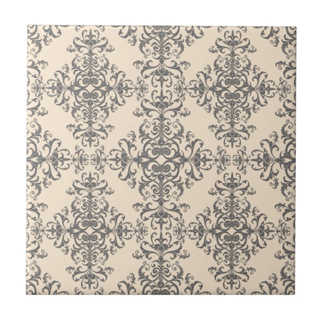 Elegant Cream and Grey Damask Style Pattern Ceramic Tile (Front)