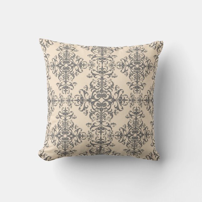 Elegant Cream and Grey Damask Style Pattern Cushion (Front)