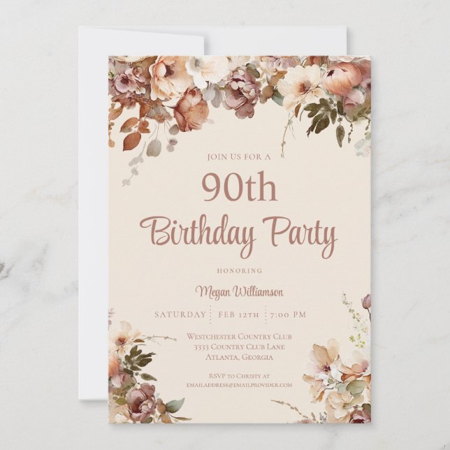 Elegant Cream and Pink 90th Floral Birthday Invitation (Front)