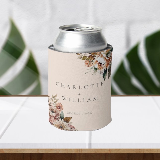 Elegant Cream Autumn Watercolor Flowers Wedding Can Cooler (Creator Uploaded)