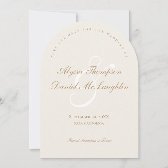 Elegant Cream Beige Formal Script Wedding Arch Save The Date (Front)