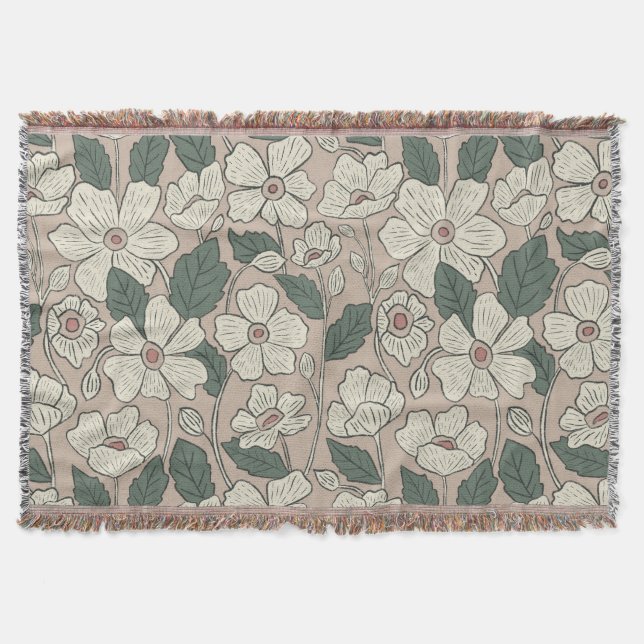 Elegant Cream Beige & Green Illustrated Floral  Throw Blanket (Front)
