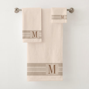 Elegant Cream Beige Striped Banner Add Initial Bath Towel Set