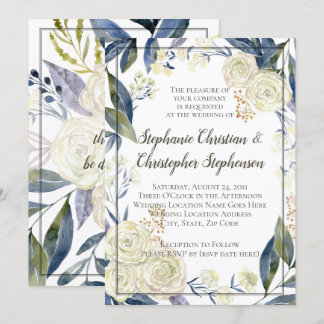 Elegant Cream Blue Watercolor Flower Wedding Invitation