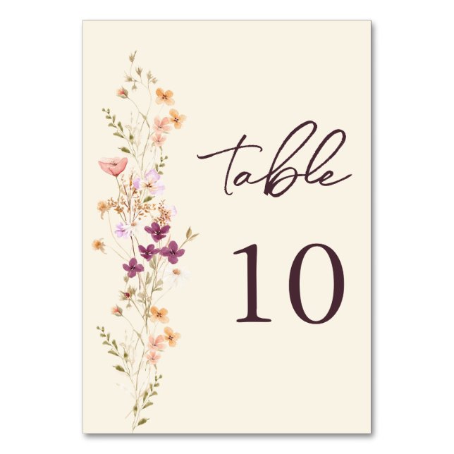 Elegant Cream Boho Wildflower Wedding Table Number (Front)