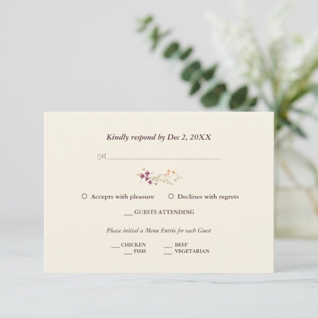 Elegant Cream Boho Wildflowers Wedding RSVP Card (Standing Front)
