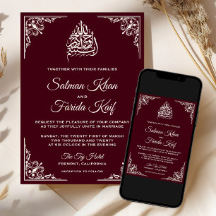 Elegant Cream Burgundy Islamic Muslim Wedding Invitation