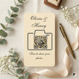 Elegant Cream Camera QR Code Wedding Photo Sharing Place Card