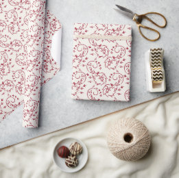 Elegant Cream Crimson Botanical Vine Scrollwork Wrapping Paper