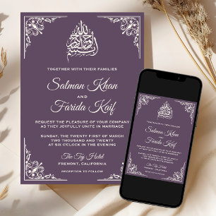 Elegant Cream Dusty Purple Islamic Muslim Wedding Invitation