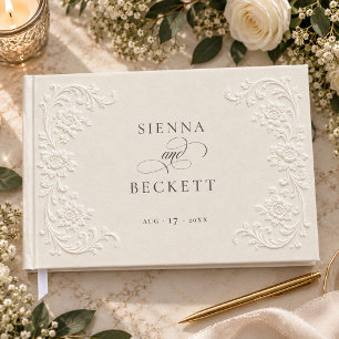 Elegant Cream Embossed Minimalist Floral Guest Book