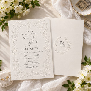 Elegant Cream Embossed Style Floral Ornate Wedding Invitation