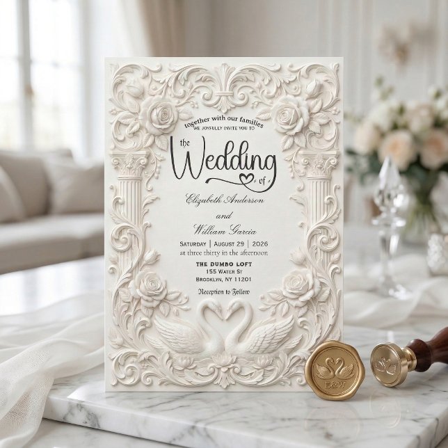 Elegant Cream Faux Sculpted Swans Wedding   Invitation (Creator Uploaded)