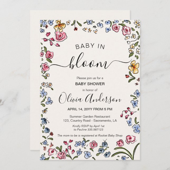 elegant cream floral Baby Shower invite (Front/Back)