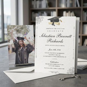 Elegant Cream Floral Cap Diploma Graduation Invitation