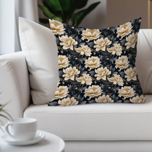 Elegant Cream Floral Teal Black Cushion