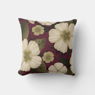 Elegant Cream Flowers on Burgundy background Cushion