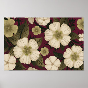 Elegant Cream Flowers on Burgundy background Poster