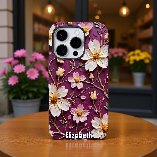 Elegant Cream Flowers on Textured Purple Case-Mate iPhone Case (Creator Uploaded)