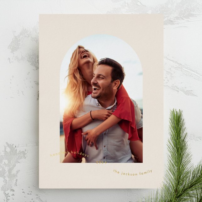 Elegant Cream & Gold Arch Photo | Happiest Custom Foil Holiday Card (Creator Uploaded)
