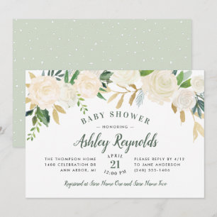Elegant Cream Gold Floral Greenery Baby Shower Invitation