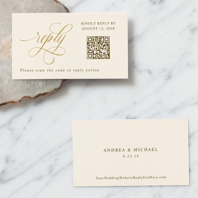 Elegant Cream Gold Small RSVP QR Code Wedding Enclosure Card (Elegant Cream and Gold Calligraphy Small Wedding RSVP Cards with QR Code)