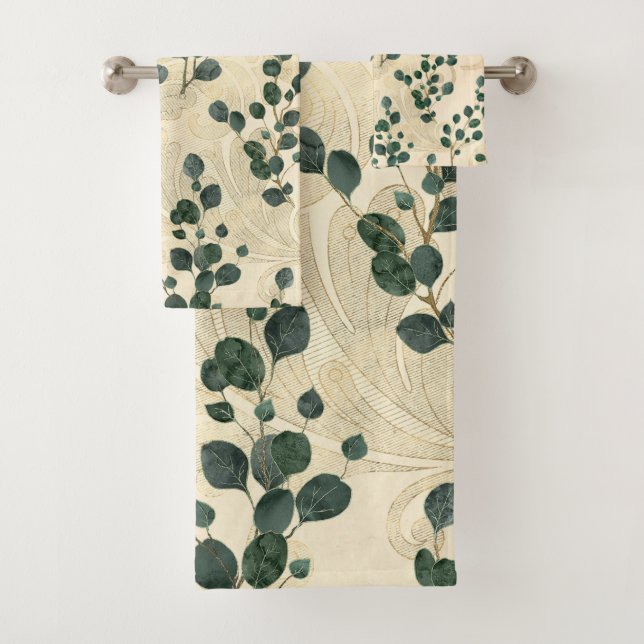 Elegant Cream Gold Whimsical Eucalyptus Greenery Bath Towel Set (Insitu)