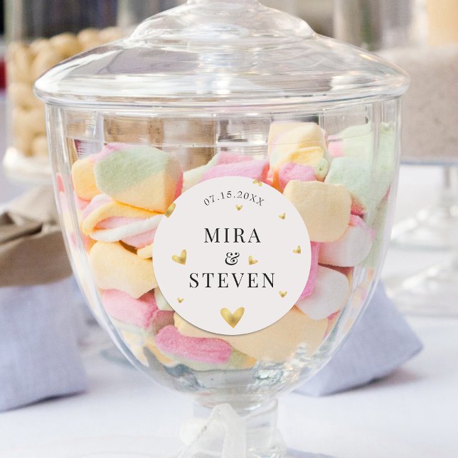 elegant cream golden heart wedding  classic round sticker (Creator Uploaded)