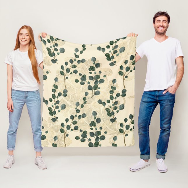 Elegant Cream Green Whimsical Eucalyptus Greenery Fleece Blanket (In Situ)