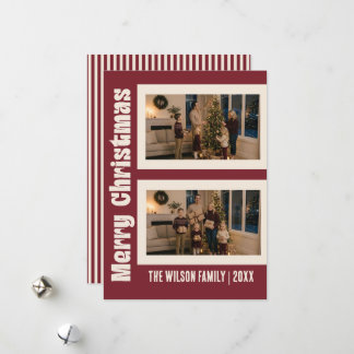 Elegant Cream & Maroon Custom Two Photo Christmas Holiday Card