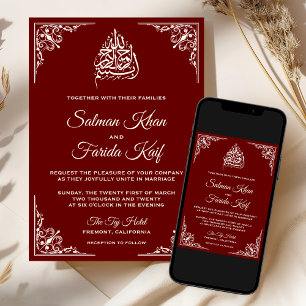 Elegant Cream Maroon Red Islamic Muslim Wedding Invitation