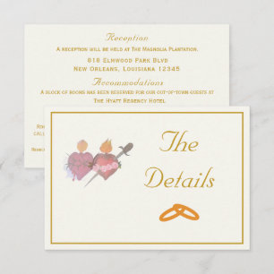 Elegant Cream & Ochre Two Hearts Catholic Wedding Enclosure Card