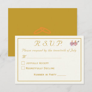 Elegant Cream & Ochre Two Hearts Catholic Wedding RSVP Card