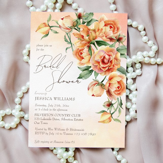 Elegant cream peach orange roses bridal shower invitation (Creator Uploaded)