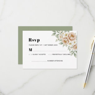 Elegant Cream Peony and White Rose Wedding RSVP Card
