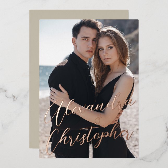 Elegant Cream Photo Calligraphy Gold Save the Date (Front/Back)