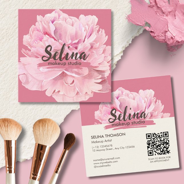 Elegant Cream Pink Floral Makeup Studio Square Business Card (Creator Uploaded)