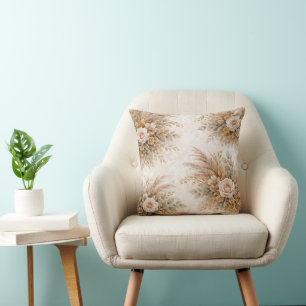 Elegant Cream Rose Boho Botanical Bouquet Cushion