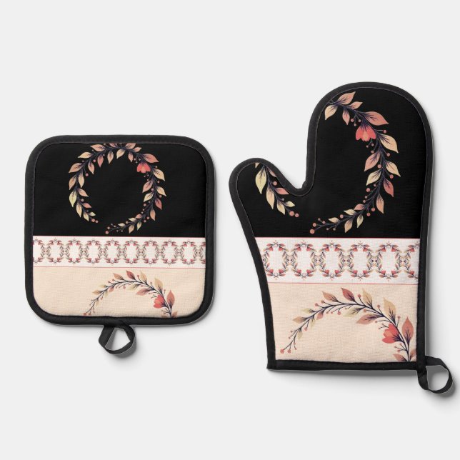Elegant cream rose clay and black oven mitt & pot holder set (Front)