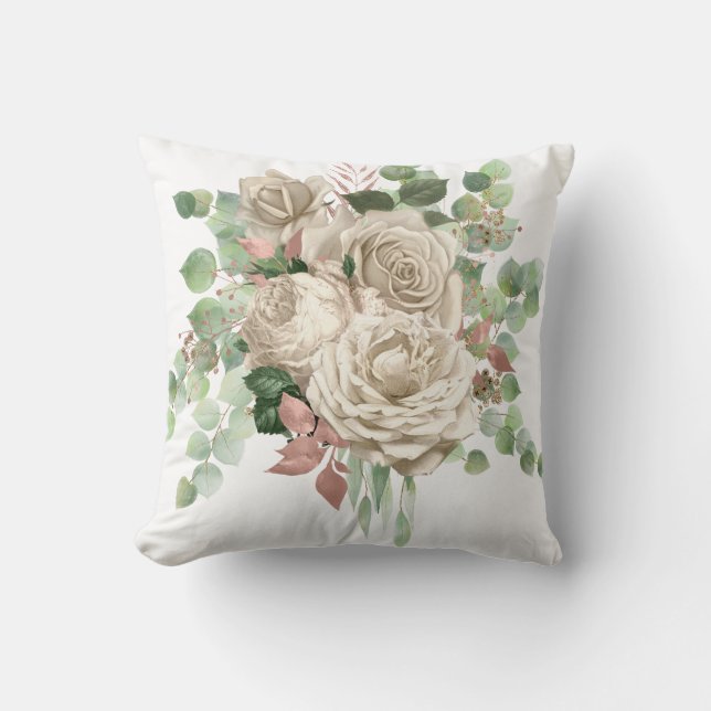 ELEGANT CREAM ROSE EUCALYPTUS CUSHION (Front)